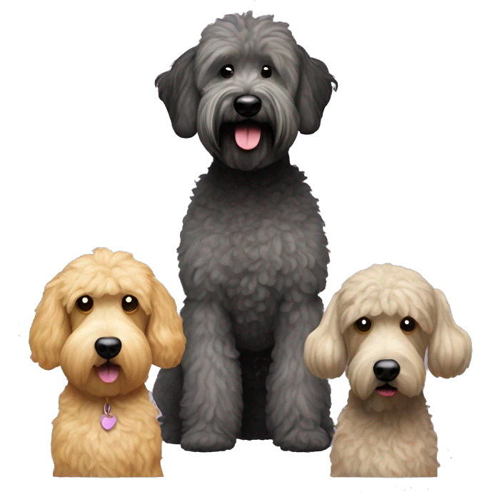 2 dogs, one is a dark grey whoodle with a poodle cut, the other is a wheaten terrier emoji