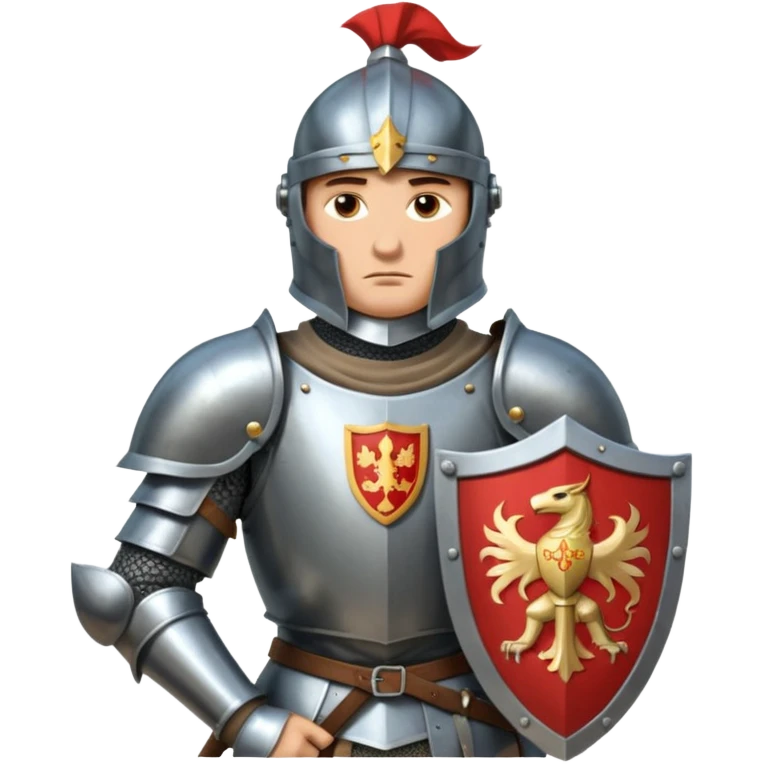 An emoji portrait of a medieval knight. He wears a suit of armor with a stylized helmet. His expression is serious and determined, and he holds a shield with a family crest. emoji