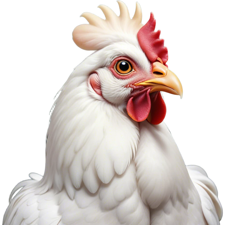 Cinematic Noble White Chicken Portrait Emoji, Poised and regal, with a compact, sturdy build and a pristine, well-groomed pure white plumage, deep-set soulful beady eyes, Simplified yet sharp and sophisticated features, highly detailed, glowing with a soft, dignified glow, high shine, intelligent and alert, stylized with an air of barnyard elegance, focused and attentive, soft glowing outline, capturing the essence of a watchful and confident fowl, so majestic it feels as though it could strut out of the screen with effortless authority! emoji