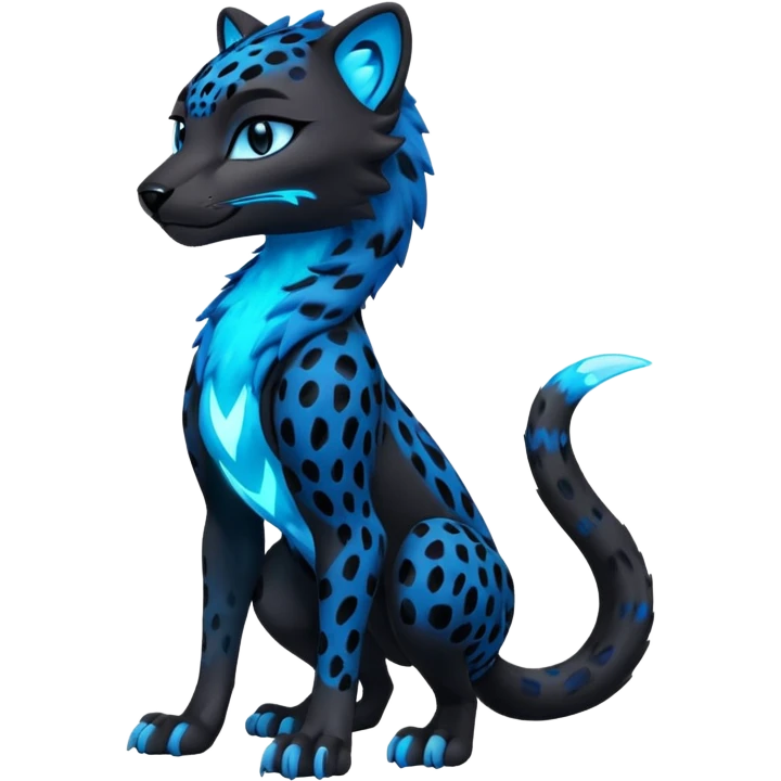 Obsidian-black fur body with neon-glowing-blue ring-markings Grem2-Gremz-Cheetah-Sergal-fusion, full body  emoji