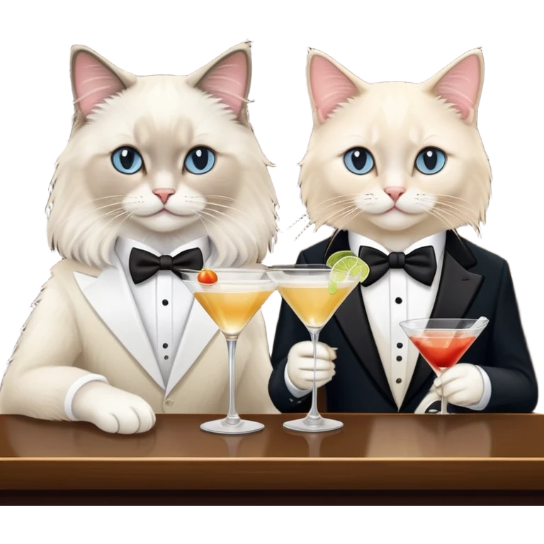 One ragdoll cat and one tuxedo cat drinkingi martinis at the bar emoji