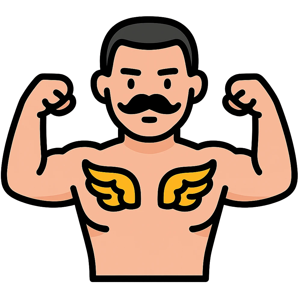 pumped up white male, buzz cut black hair, handlebar mustache black, two wings tattooed on his chest emoji