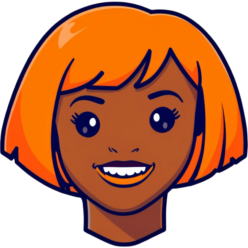 dark skinned Black woman with orange bob wig like Chucky's hair, visible plaque on her teeth emoji
