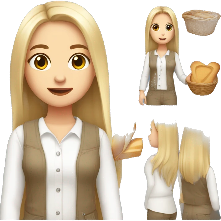 cute white girl, with jumpsuit, white shirt in it, long straight hair, holding a bread basket emoji