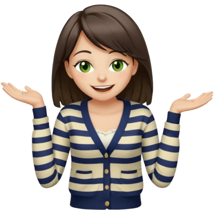 Gorgeous brunette girl green eyes, striped cream and navy blue cardigan and cream shirt, with swoop bangs and long hair having fun, laughing with mouth closed eyes squinted closed, hand on stomach laughing emoji