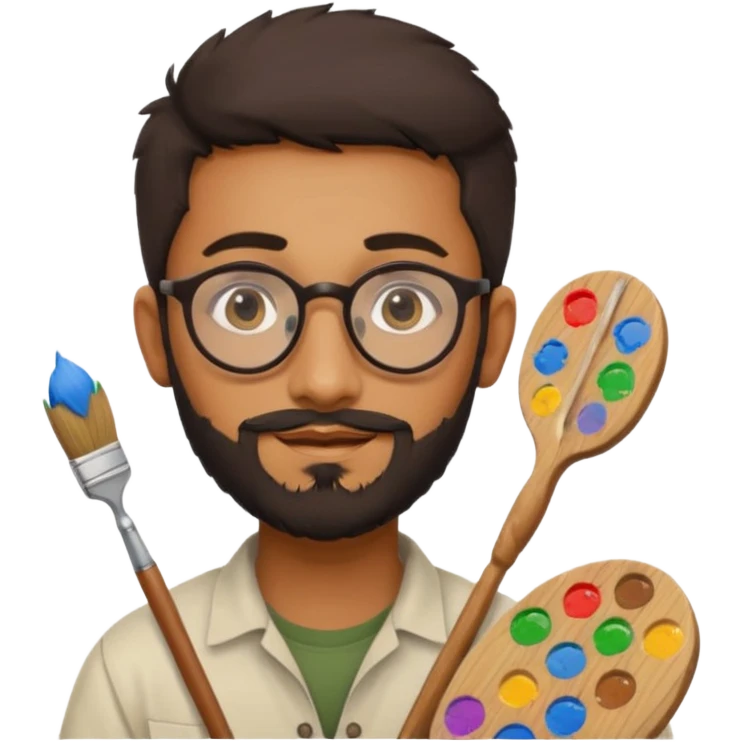 generate an ios genmoji of a 20 year old tan indian boy with rounded spectacles and a whaler beard, carrying a paintbrush and palette emoji