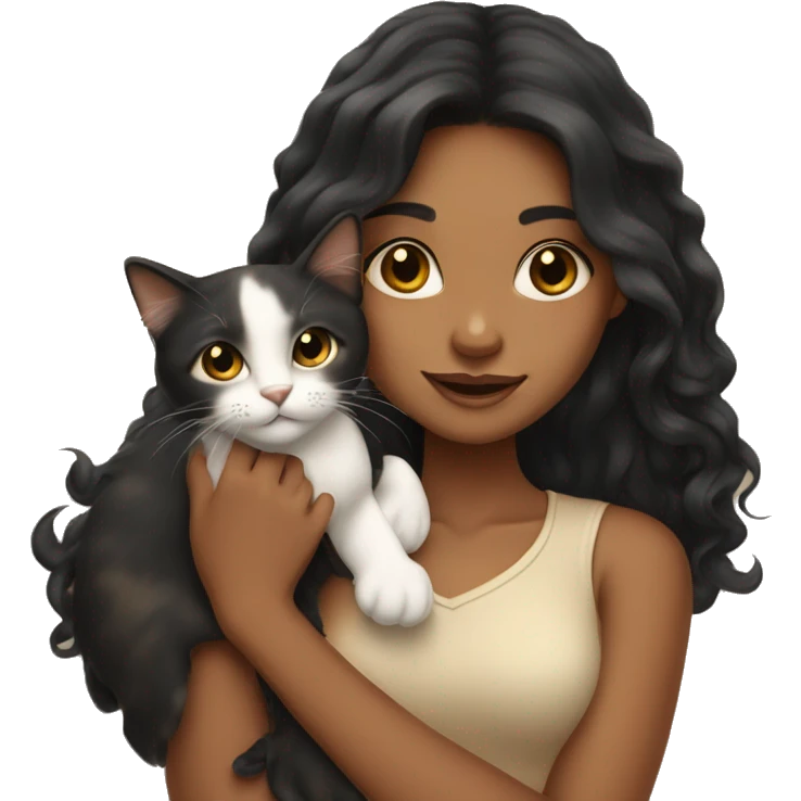 tan girl with long wavy black hair, holding a calico cat emoji