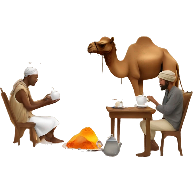 Desert session with tea and camel emoji