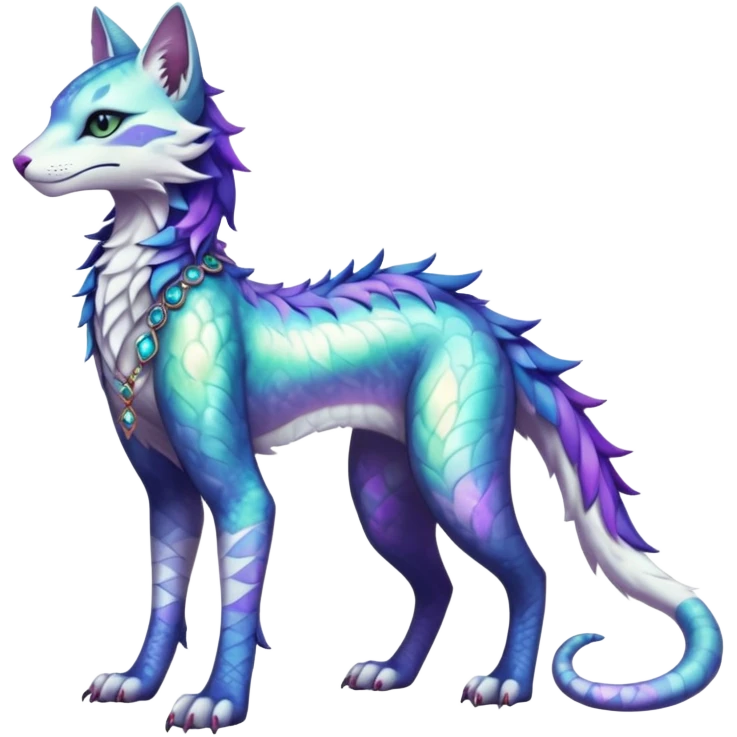 Kawaii iridescent beautiful pretty elegant divine edgy fantasy feline-vernid-sergal-fursona-animal-creature with accessories, full body, with intricate detailed markings emoji