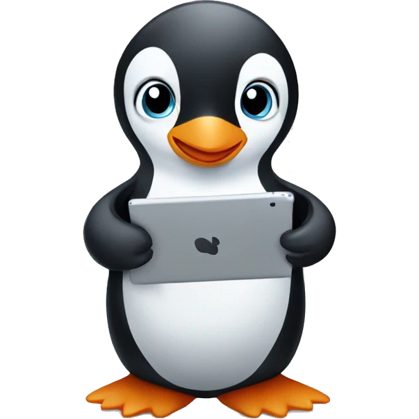 Baby cute penguin playing with an iPad emoji