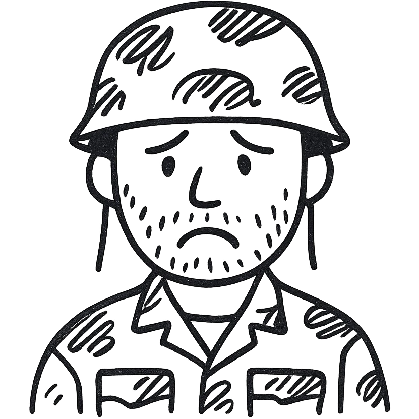 A white man with stubble in a soldier's uniform and a sad face emoji