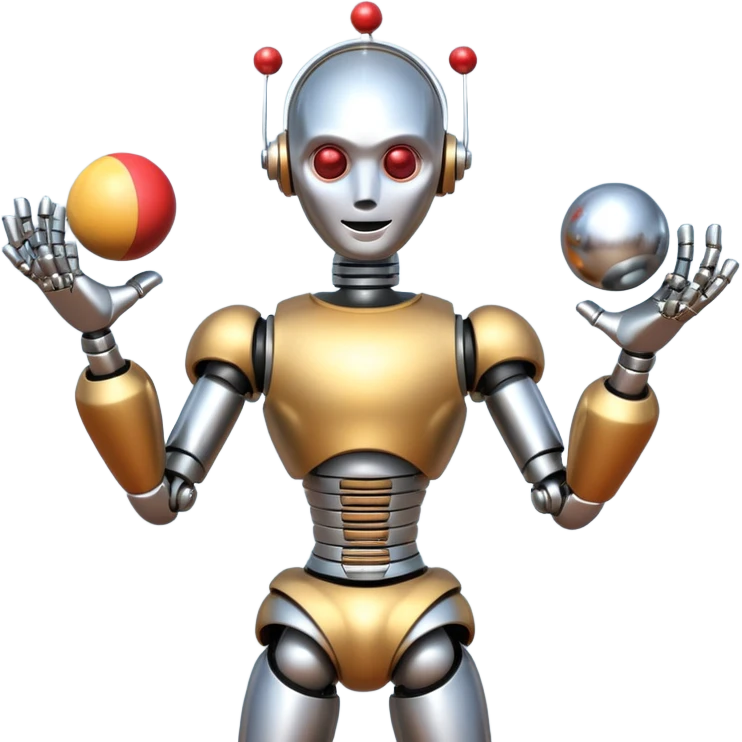 a Circus juggler robot juggling two metal ball emoji