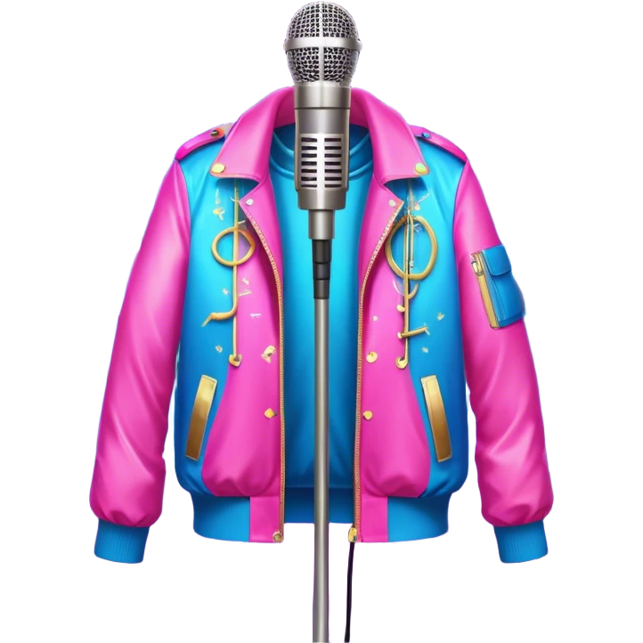 Create a vibrant and energetic emoji that represents pop or stage vocal performance without human figures. The design should feature a microphone on a stand, musical notes, and an illuminated stage with a spotlight to symbolize the live performance aspect. Add a stylish stage costume (e.g., a glittering jacket or sequined outfit) hanging on a hanger, to evoke the glamour of pop singing. Include elements like studio headphones, a music mixer, or a soundboard to reflect the technical side of the performance. Use bright colors like neon pink, electric blue, and gold to convey energy and creativity. The background should be transparent. emoji
