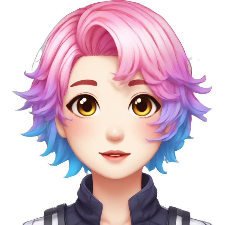 Gorgeous anime style shojo character with blushing face aesthetic and pretty colorful shiny gradient neon hair with hair garment trending style emoji
