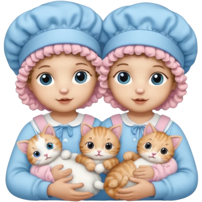 Curly hair baby twins with one wearing a baby pink bonnet and one wearing a baby blue bonnet while holding cat plushies emoji