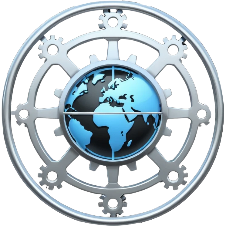 Minimal black line icon of a gear and globe, with circuit-style connected nodes, flat vector style, thin stroke, white background, representing global system configuration and connectivity. emoji