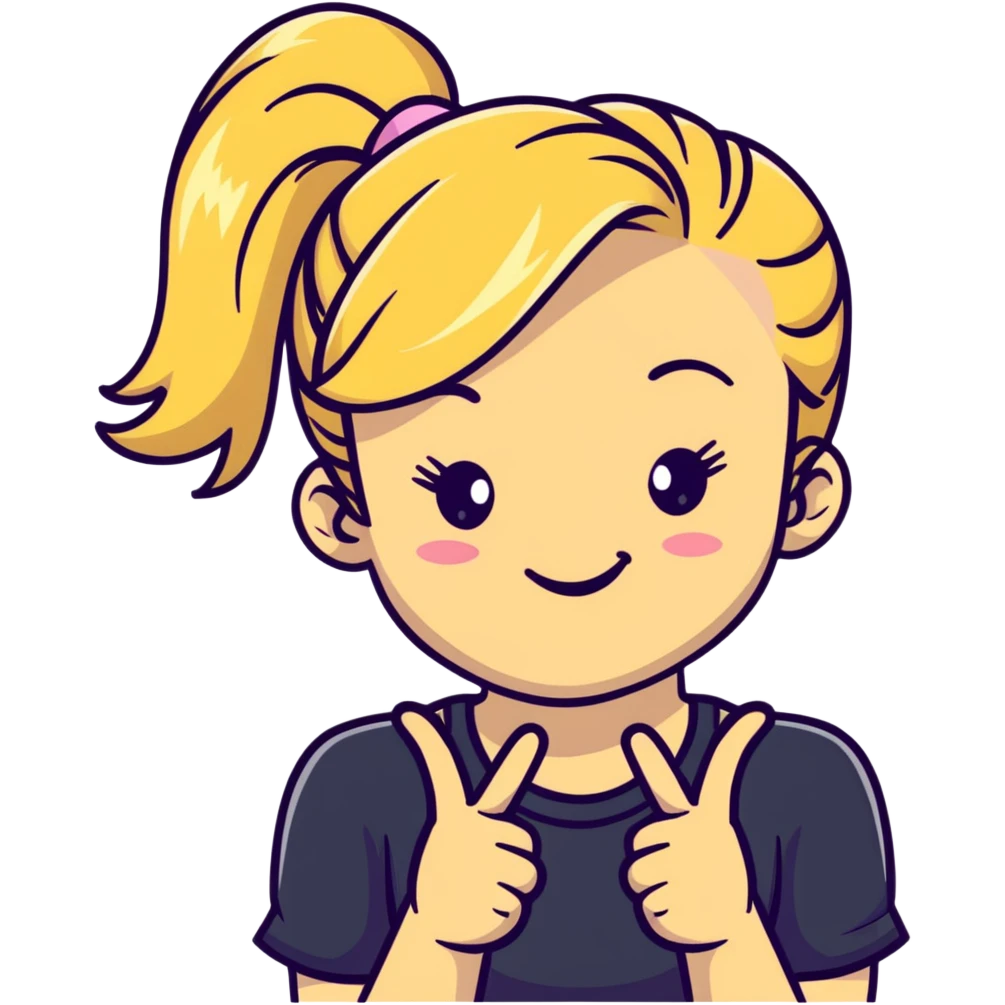 blonde girl with high pony tail hair, winking and making peace sign emoji