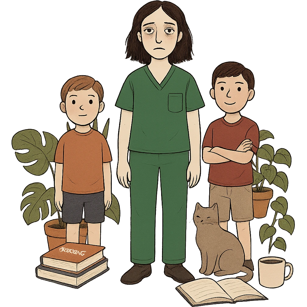 Edit the image to add two boys. The woman should be wearing Kelly green scrubs, with longer and darker hair. She should be tall and medium build, with pale skin, gray eyes, and a tired expression. Surround her with house plants, a cat, and nursing and study items. Remove the background entirely. emoji