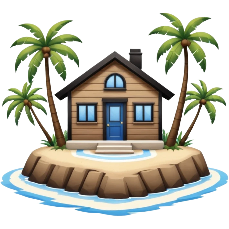 A full square no roof  white and blue stripe house horizontally with brown wooden door on a island with palm trees  emoji