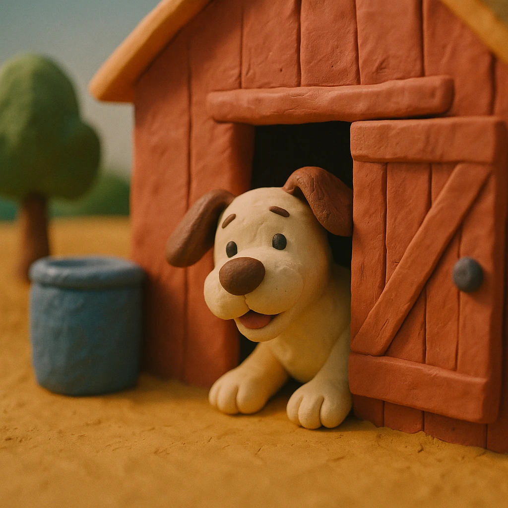 dog peeking out of a barn door, playful and cute, hand-molded details, claymation style emoji