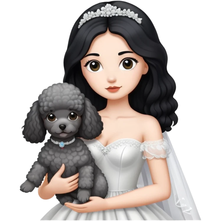 A beautiful girl with long black hair in a wedding dress holds a small gray poodle emoji