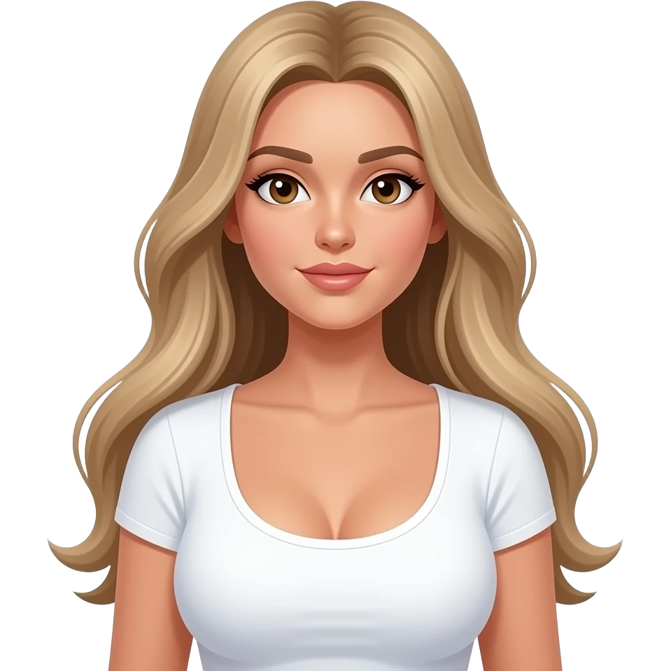 Dunkelblonde lange glatte Haare die hinter den Schultern verschwinden, braune Augen, weißes t-Shirt, große Oberweite emoji