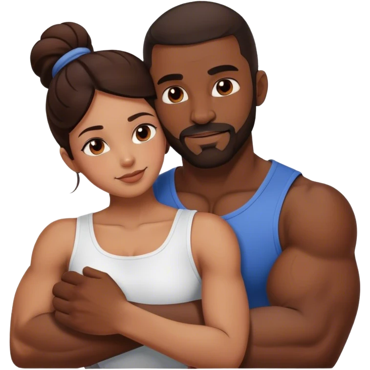 Black man with facial hair and muscles hug small beautiful brunette woman emoji