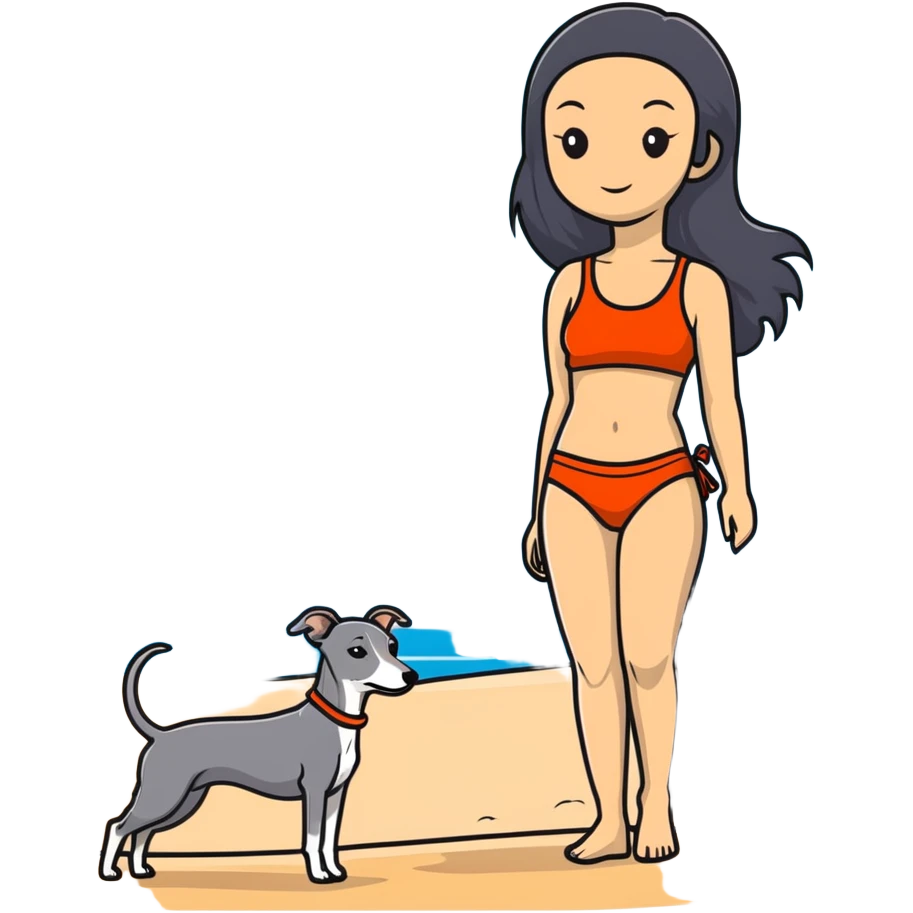 Slim Chinese woman with long black hair in appropriate beach attire at the beach with her completely solid grey Italian greyhound, ocean and sand visible, the dog has absolutely no white markings anywhere emoji