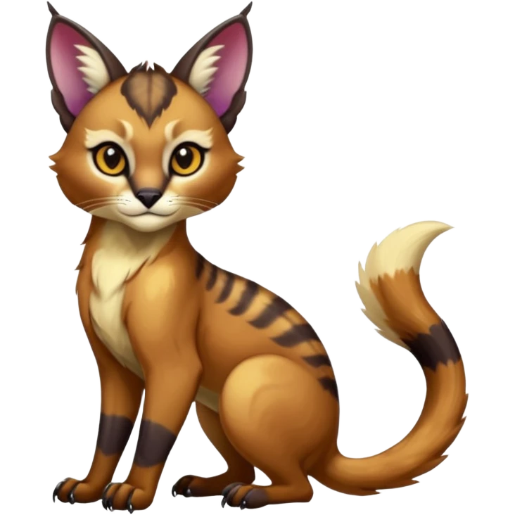 Colorful dark tropical exotic cute cool beautiful shiny beautiful fantasy-caracal-civet-genet-sergal-vernid-Gryphon-Cacomistle-Trico-oncilla-animal-Fakémon-hybrid-fursona (full body) emoji