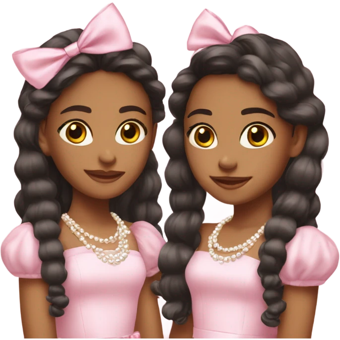 two pretty teenage Latina twins. pink. Long hair. Pink bows. Pearls. Light pink. Diamonds dress. emoji