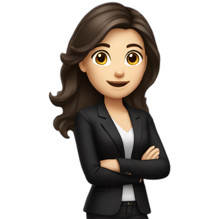 Caucasian Woman with voluminous long dark brown hair, dark brown eyes, pretty smile, dressed with a black blazer. Pointing up emoji