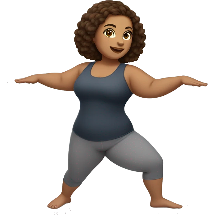 A plus size woman in a yoga lunge pose. She has light skin, brown straight hair, and brown eyes.  emoji