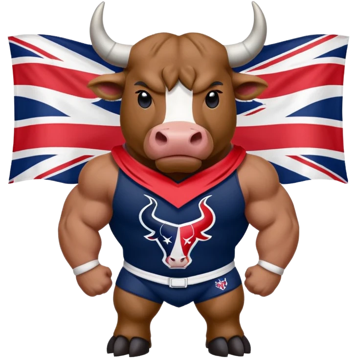 Houston texans bull, wearing a texans jersey, with a union jack flag behing emoji