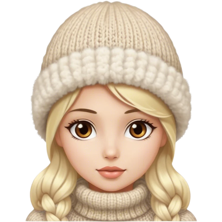 Luxury blonde model, brown eyes, fluffy knit hat  emoji
