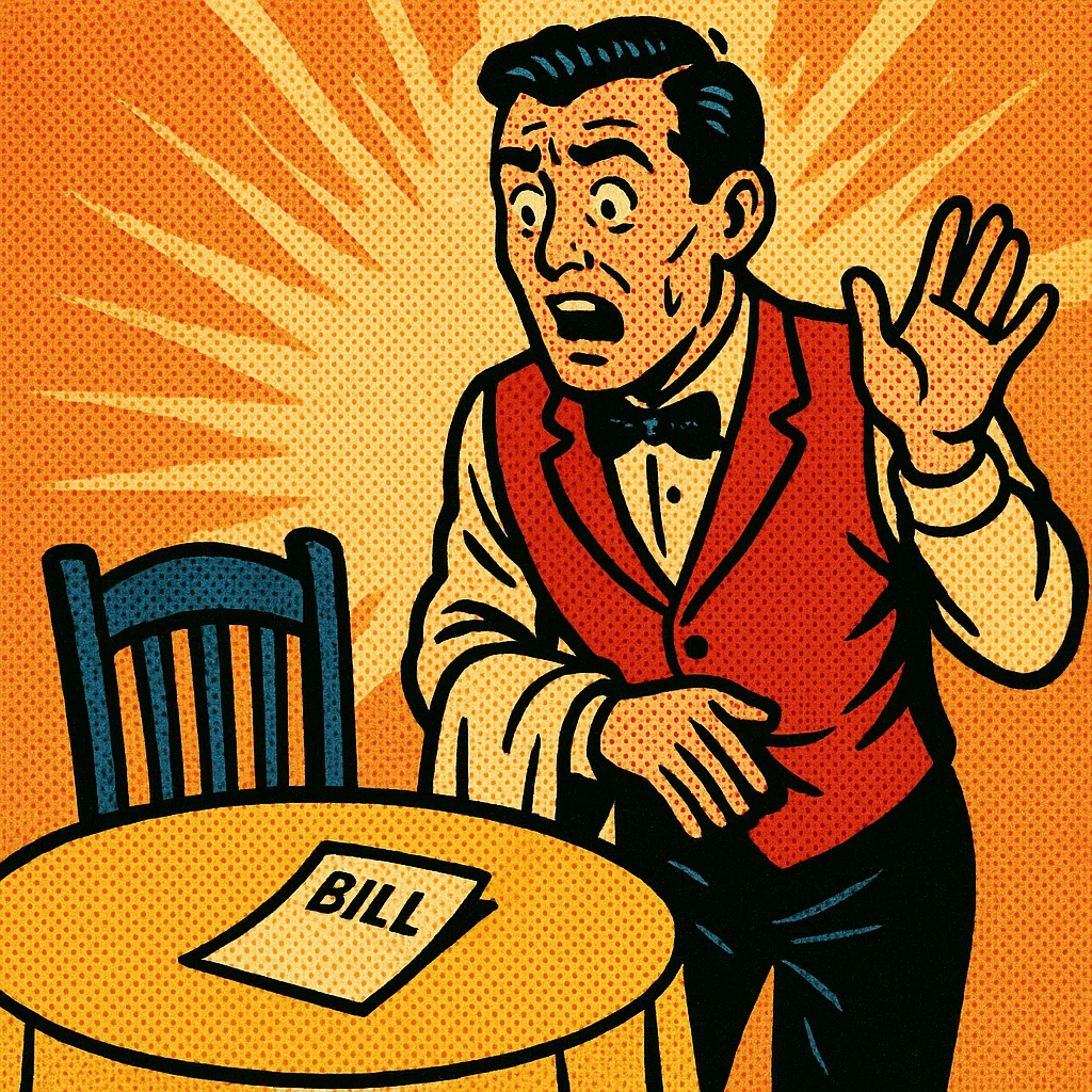 comic-style image of a waiter looking surprised at an empty table with a bill, vibrant colors emoji