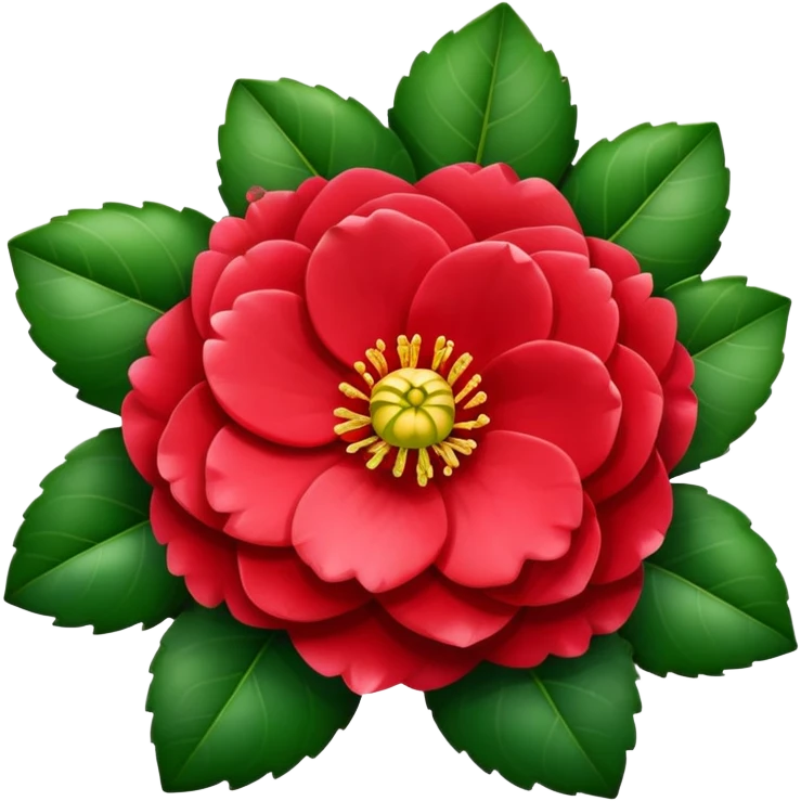 Beautiful red camellia flower with layered petals and glossy green leaves emoji