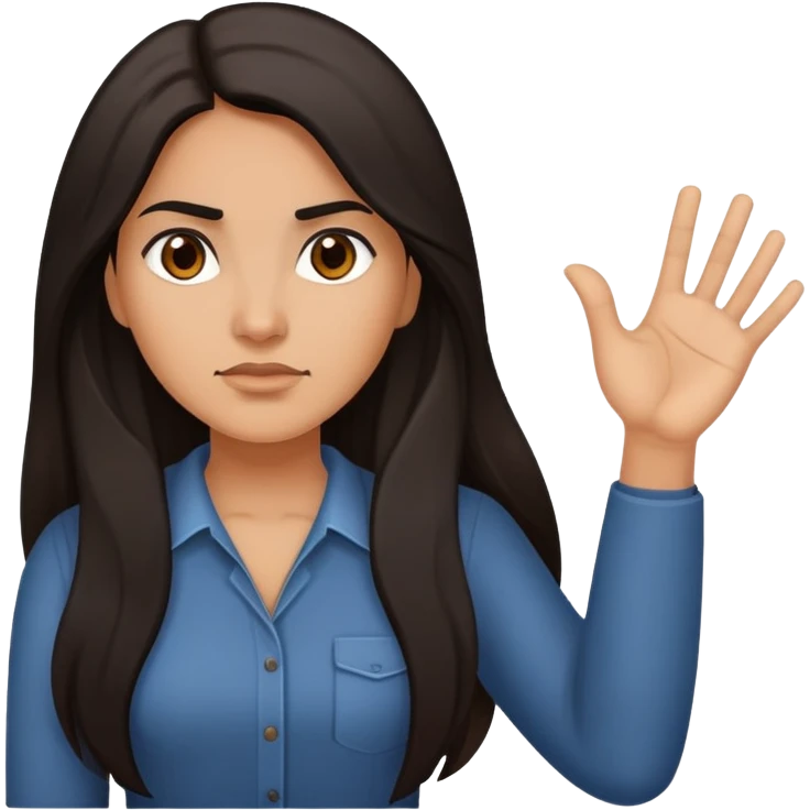 Hispanic woman with long hair, determined, one hand out motioning “no” emoji