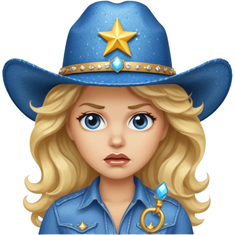 Angry woman with big blonde wavy hair wearing sparkly blue cowboy hat  emoji