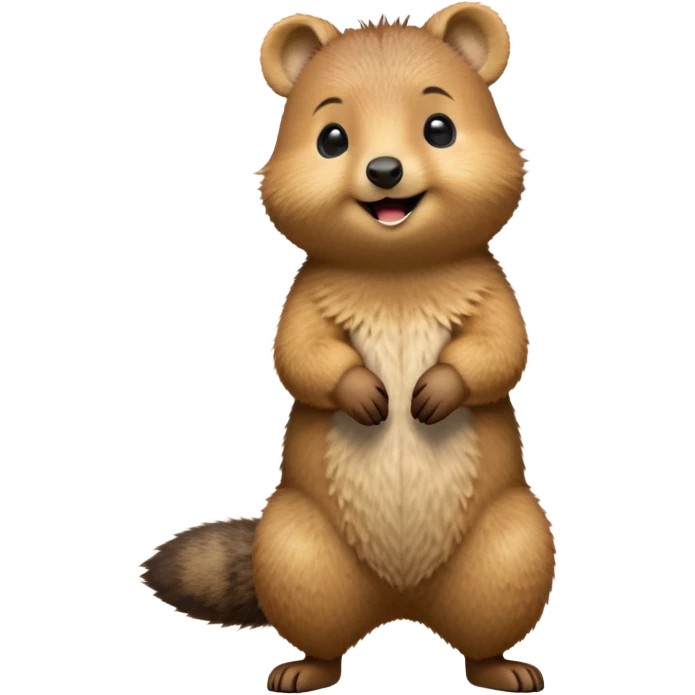 cinematic-quokka-realistic-full-body-standing on its hind legs hunched over-emoji,-small-round-frame-balanced-on-tiny-strong-hind-legs,giant fluffy cheeks large smile-fluffy-brown-fur-radiating-a-warm-softness skinny tail, ,-big-round-eyes-filled-with-joy-and-innocence,-tiny-clawed-paws-held-close-to-chest,-cheerful-smile-exuding-endearing-happiness,-simplified-yet-realistic-focused-features,-highly-detailed,-glowing-with-a-sunny-warmth, expressive eyes  emoji