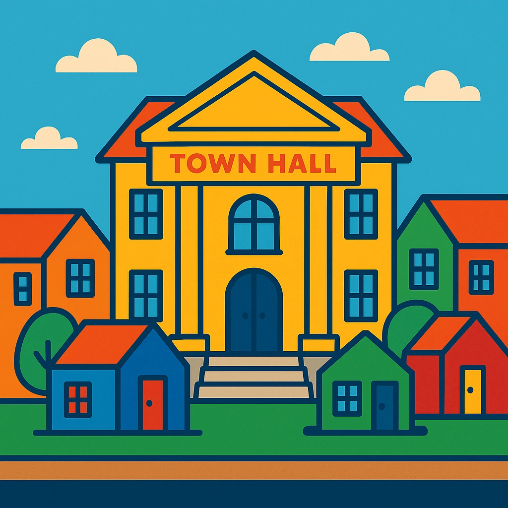 flat toon style municipality with bold colors, town hall and houses emoji