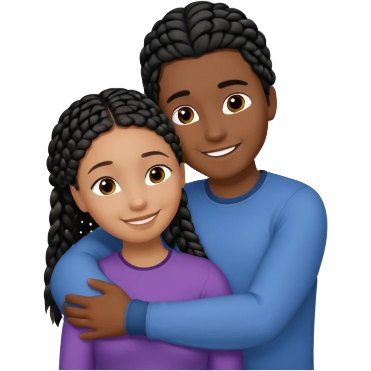 Dark black girl with black braids and dark tan white boy with curvy straight brown hair, they are hugging and smiling, and touching each other with their hands emoji
