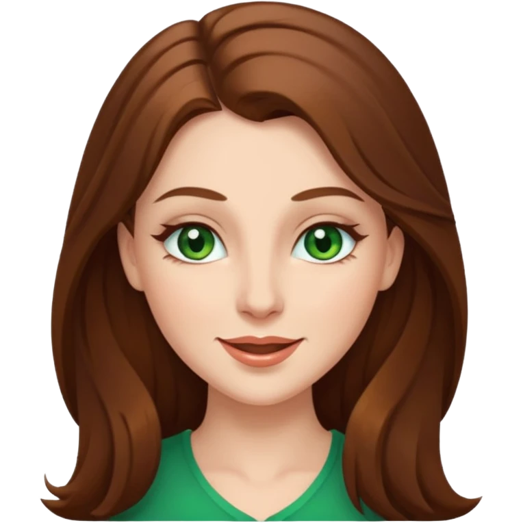 white woman with long brown hair and green eyes, winking emoji