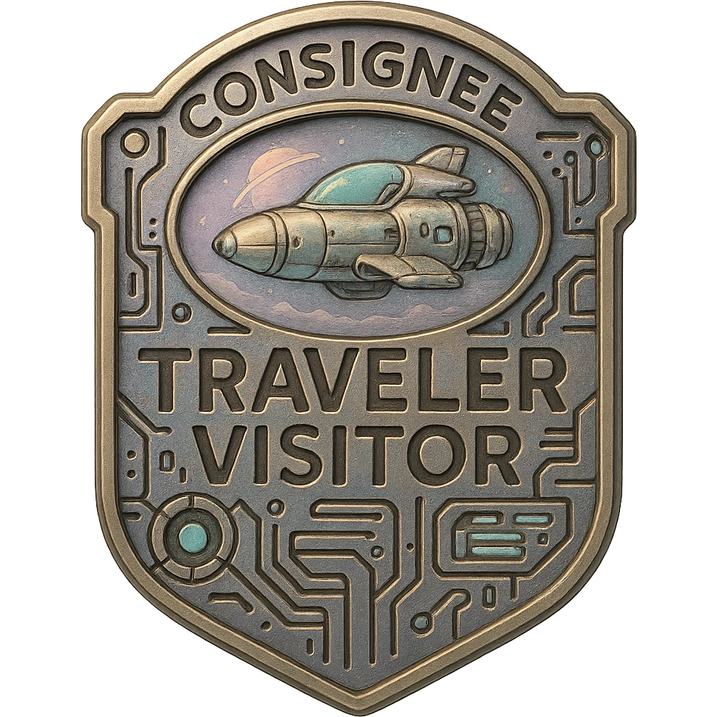 a metal insignia badge for a consignee traveler visitor, space scifi-futuristic cyberpunk futurepunk emoji