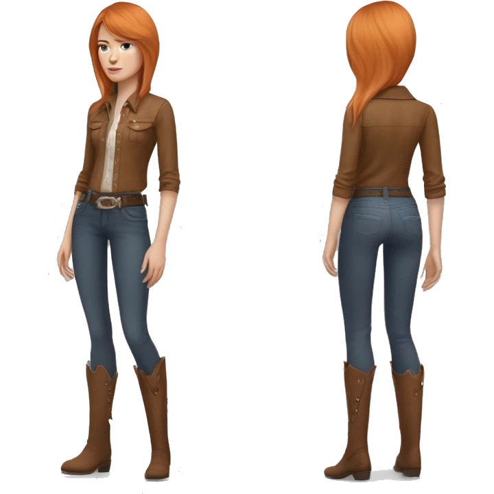 White skin, woman, feminine, straight hair in a wolf haircut, ginger coloured hair, beautiful, British, stylist, aesthetic, side and bangs, sensual looking, full body, complete body figure,slim, she’s wearing a cowboy outfit emoji