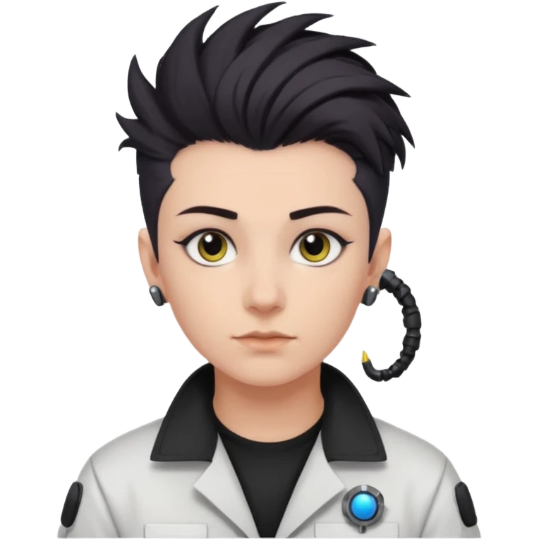 nonbinary space scientist with dark hawk hair and shaved sides, black bridge piercing and ear plugs emoji