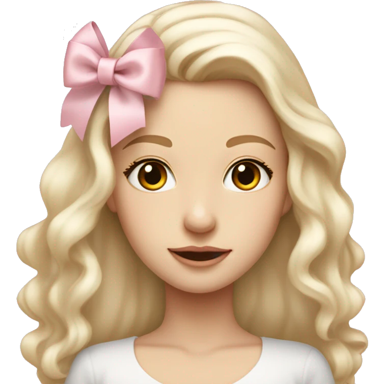 pale blonde girl with long platinum white wavy hair with bright brown eyes and wearing a light pink hair bow and  also wearing a hair bow emoji