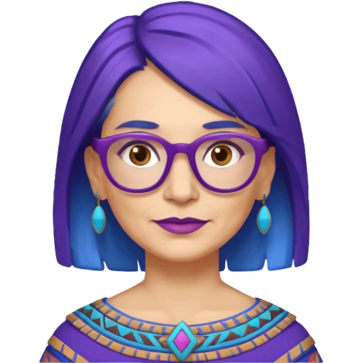 50-year-old woman with purple glasses, brown eyes, and Aztec blue shoulder-length hair emoji