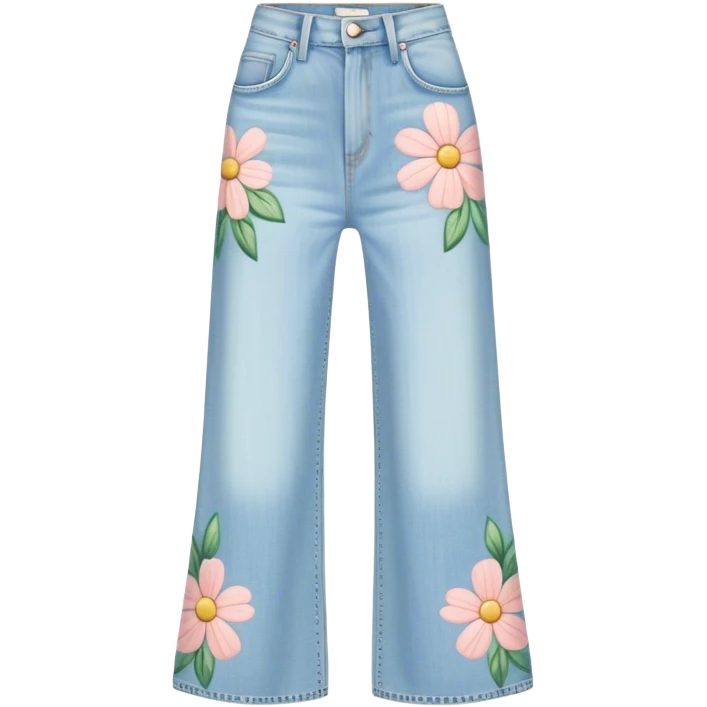 light wash denim wide leg jeans with pastel flowers painted on them on hanger emoji