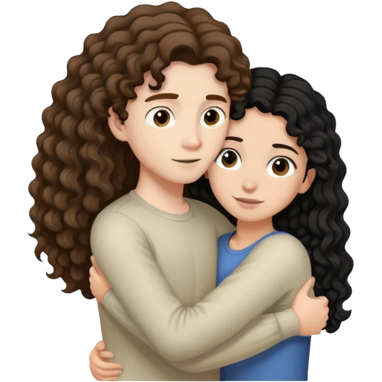 girl with long light brown hair and pale skin hugging a boy with short black curly hair and tanned skin emoji
