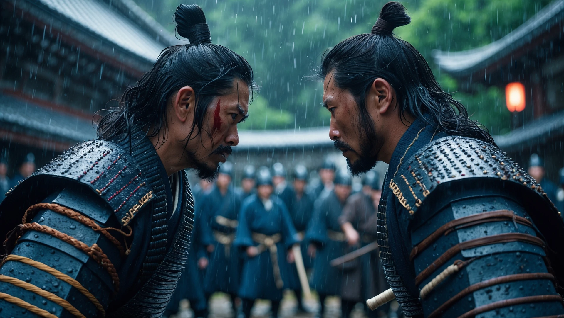 A cinematic scane from 1185, Wide shot of a two japan samurai face to face ready to fight during rain, deph composition, tense atmosphere, captured by by arri alexa, film directed by wes anderson emoji